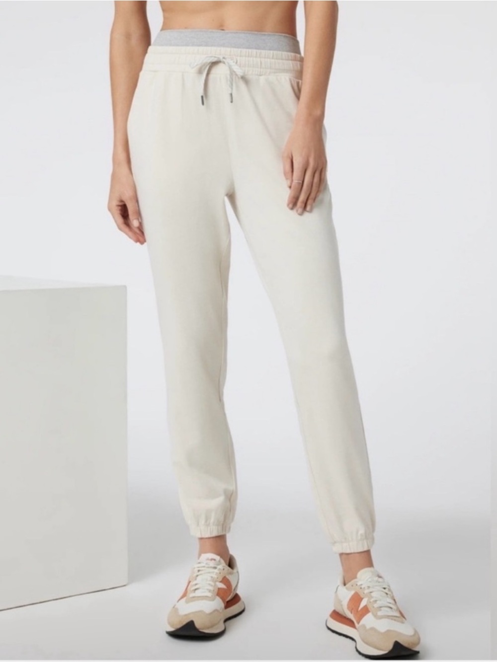 Vuori Halo Warm Up Cream Drawstring Joggers with Gray Waistband